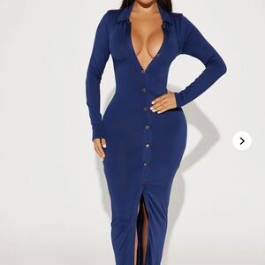 Fashion Nova Navy Button-Front Long Sleeve Maxi Dress